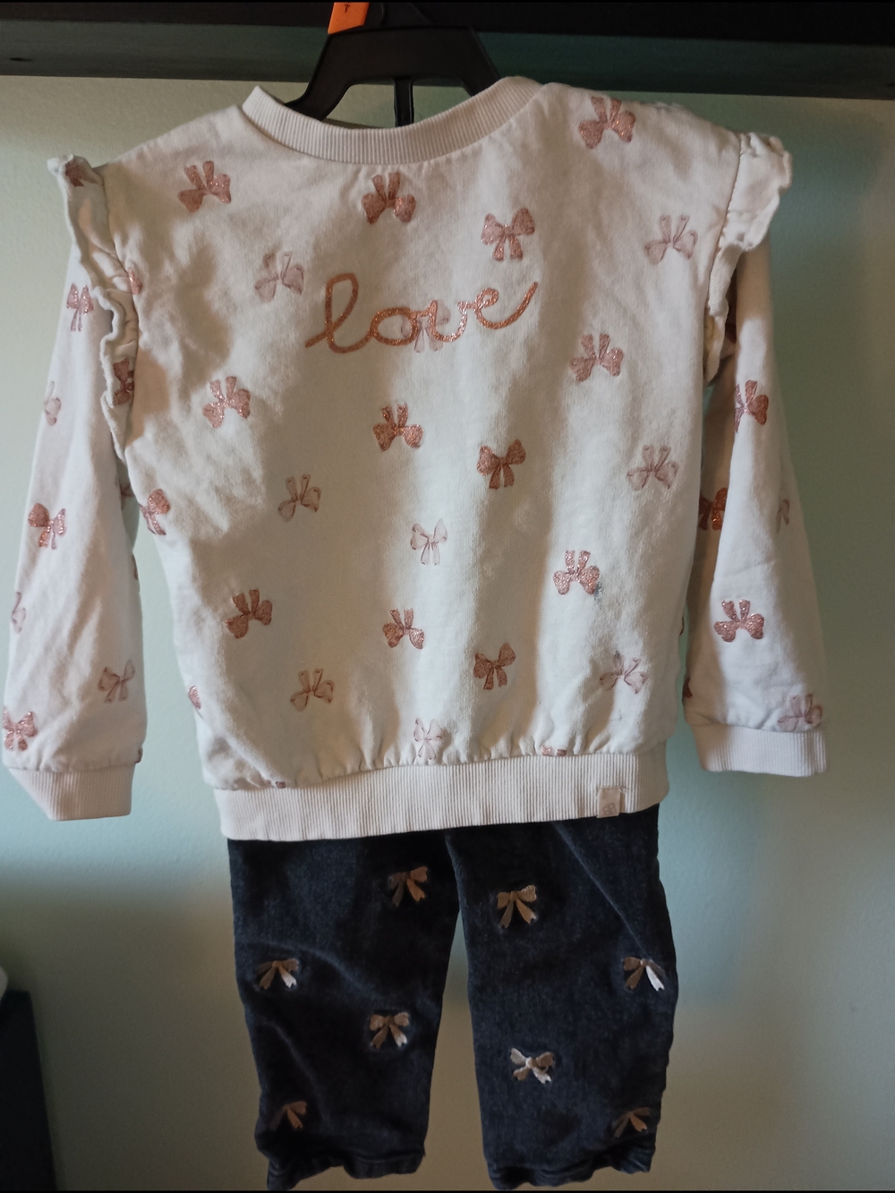 Kids Matching Set - Cream Top with Pink Bow Accent and Charcoal Pants
